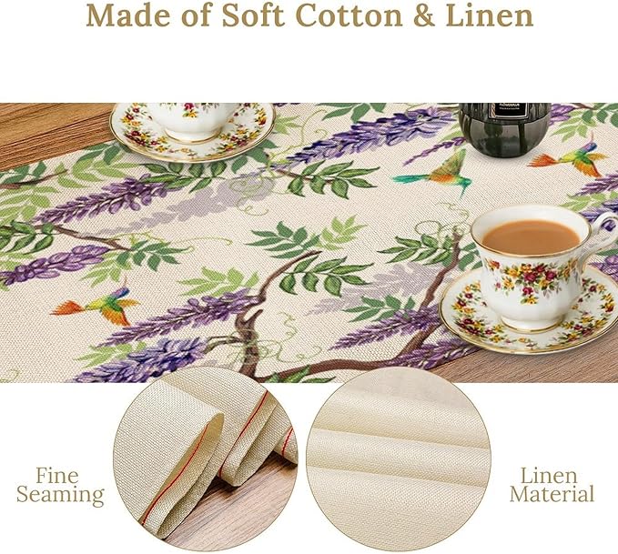 Vintage Bird Flower Table Runner Seasonal Spring Purple Wisteria Garden Plants Lavender Florals Farmhouse Country Kitchen Dinner Runner Dining Table Decoration for Home Party Holiday 13"x36"