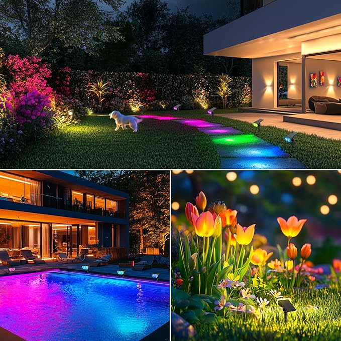 Spotlights, Solar Powered with 8 Color Modes, IP67 Waterproof for Outdoor Use