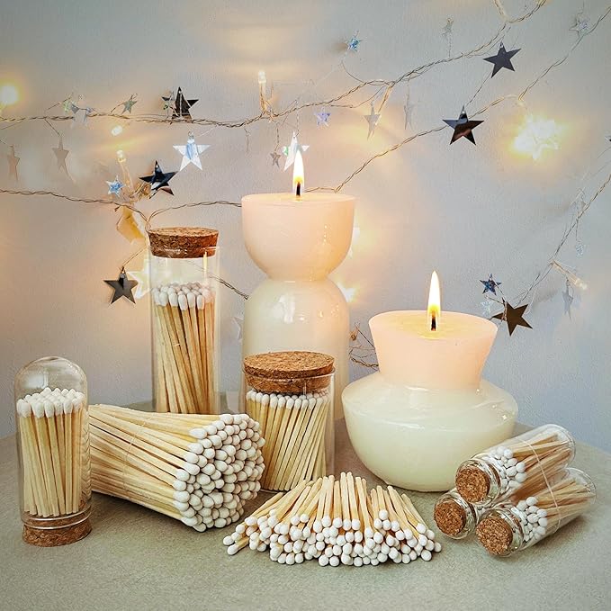 2" White Tip Matches with 3 Mini Cloche Jar + Striker Stickers Included | 100 Classic White Decorative Matches with a Small Glass Holder | Gifts, Home Decor, & Candle Accessories by Thankful Greetings