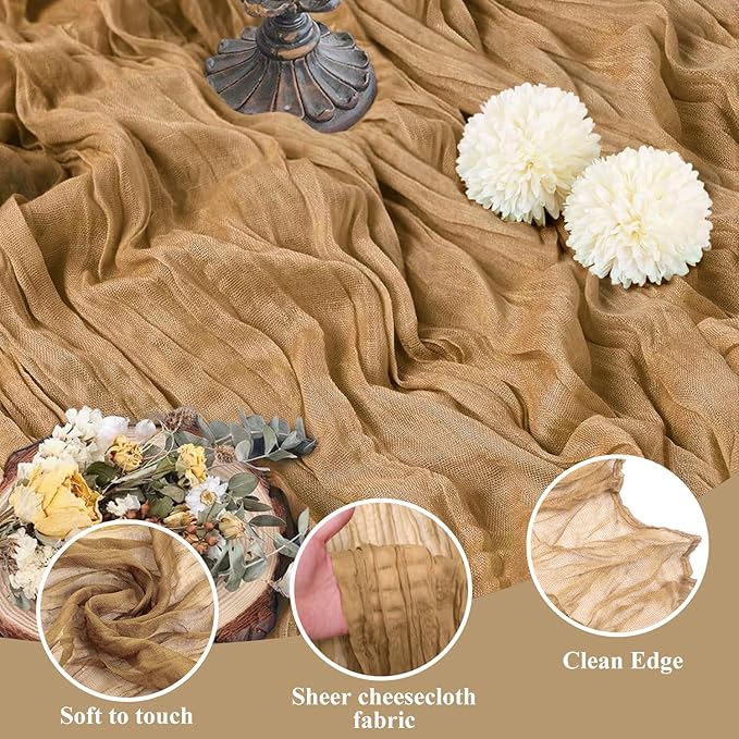 Asee'm 3pcs Cheesecloth Table Runner 120 Inches Long Khaki Boho Gauze Cheese Cloth Runner 10FT Rustic Sheer Table Runners for Christmas Wedding Party Baby Shower Spring Easter Decoration