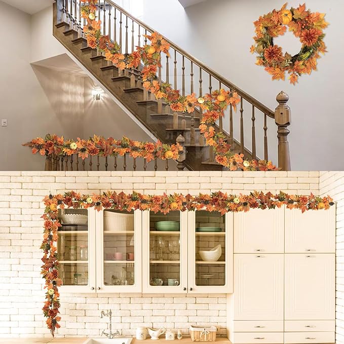 Fall Maple Leaves Garland, 6 Ft Hanging Vine with Pumpkins and Pine Cones