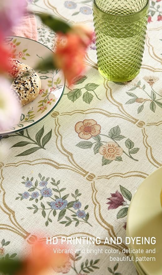 Square Linen Blend Tablecloth, 67 x 67 Inch, Serenity Floral Print