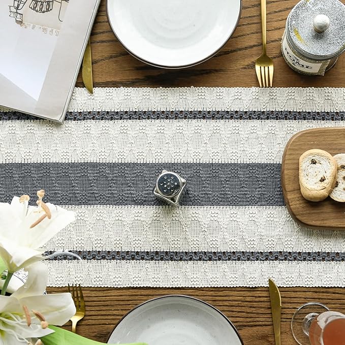 Artoid Mode Dark Grey Farmhouse Woven Rustic Table Runner, Seasonal Holiday Hollow Kitchen Dining Table Decoration for Home Party Decor 12x90 Inch