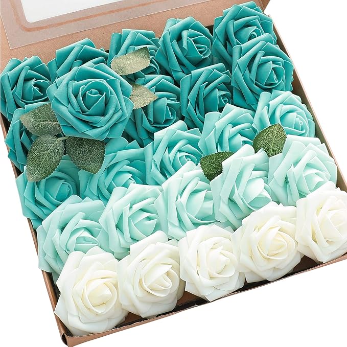 Floroom Artificial Flowers 25pcs Real Looking Green Ombre Colors Foam Fake Roses with Stems for DIY Wedding Bouquets Bridal Shower Centerpieces Floral Arrangements Party Tables Home Decorations