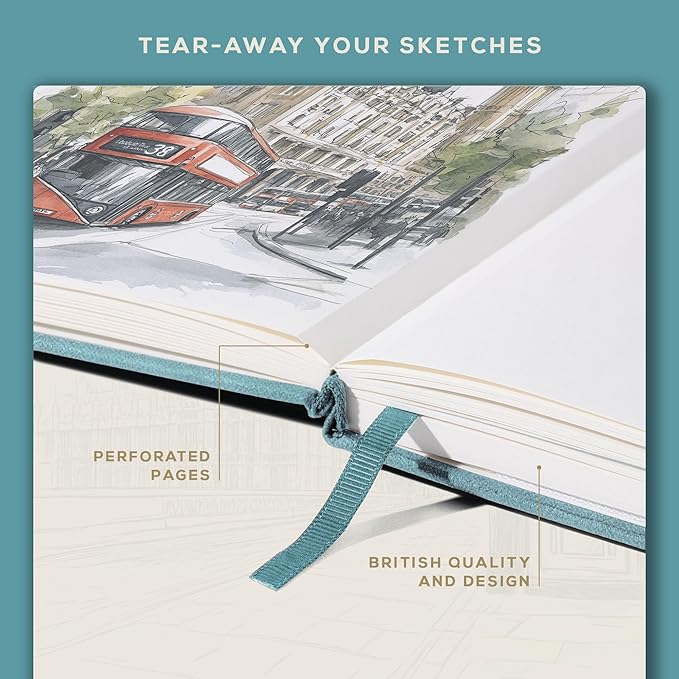 BEECHMORE BOOKS A4 Sketchbook – 8.5x11 Premium Vegan Leather Bound Large Sketch Book Hardcover With 156 Thick 160gsm Perforated Ivory Pages, Blank Sketch Pad, Gift Boxed, Back Pocket, Ribbon Bookmark