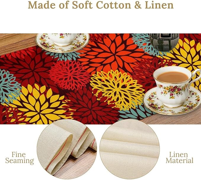 Red Yellow Dahlia Table Runner, Seasonal Autumn Thanksgiving Pattern Print for Home Kitchen Table Decor Dining Coffee Room Party Decor 13x60 Inch