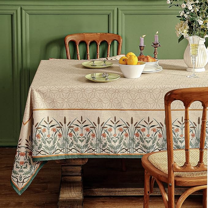 patdrea Designer French Light Brown Rectangle Table Cloth,Linen Floral Durable Breathable Tablecloth,Decorative for Kitchen Dining,Parties,Tea Party,Christmas,Thanksgiving63 x87-Cudillero