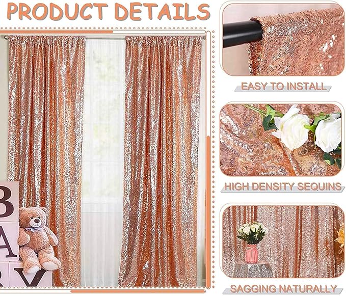 Rose Gold Sequin Photo Backdrop, 10 x 10 Ft Shimmer Curtain Panel