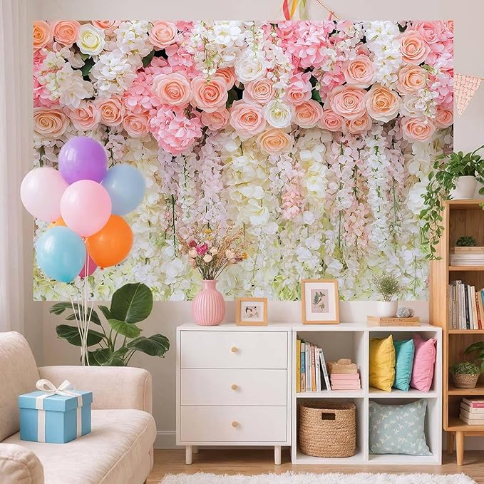 5x4ft Pink Rose Flower Wedding Photography Backdrop Spring Floral Photography Backdrop Valentine's Day Mother's Day Girl Birthday Baby Shower Wedding Bridal Party Banner Photo Booth Props Background
