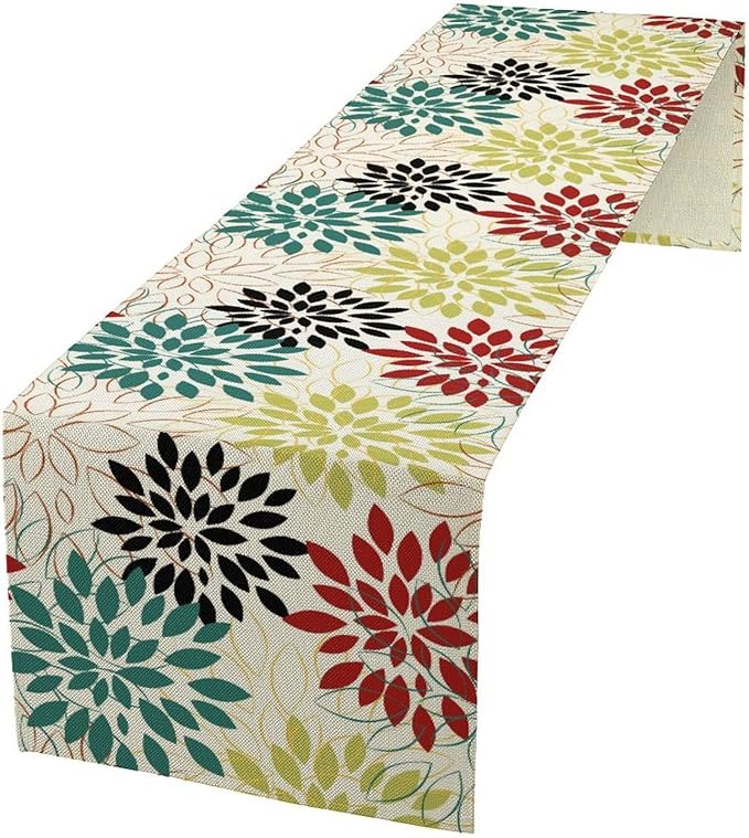 Abstract Red Dahlia Vintage Table Runner, Geometric Lines Mid Century Vintage Modern Colorful Table Runner for Party Kitchen Dining Living Room Laundry Room Decor, 13x60 Inch