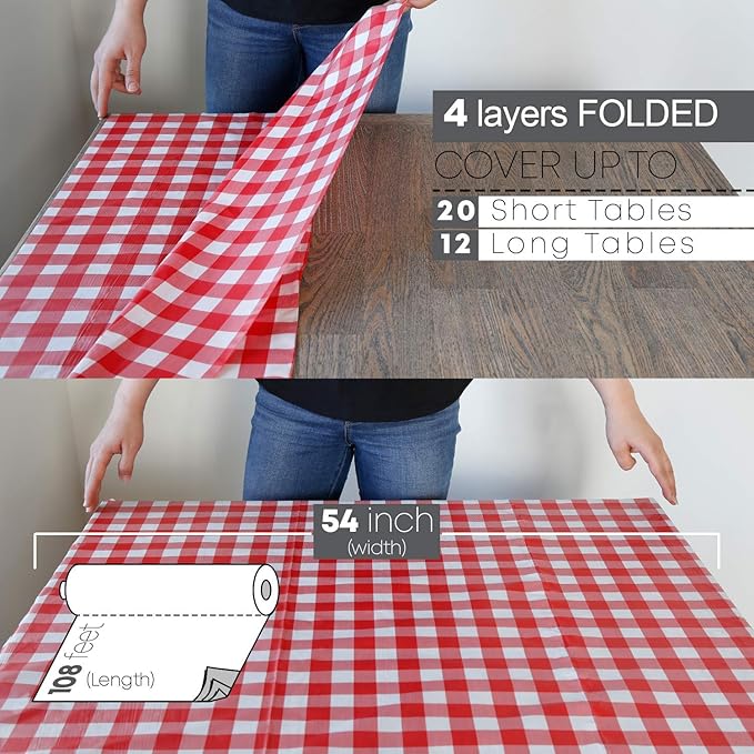 Plastic Tablecovers Roll, Red Gingham, 54 x 1296 Inch, Slide Cutter