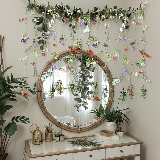Yunlly 8 Pcs Artificial Flowers Hanging Decoration 6ft Faux Wildflower Vines Backdrop Floral Garlands Flower Vines for Wedding Party Background Birthday Home Birthday Garden Wall Arch Decor