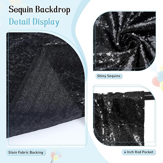 SquarePie Sequin Backdrop Less See Through Thick Stain Background Glitter Curtain Halloween Party 8FT x 8FT Black