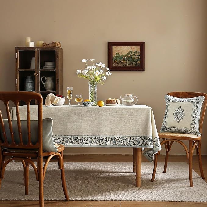 Square Tablecloth 67 x 67 Inch Linen Polyester Blend, Floral Design