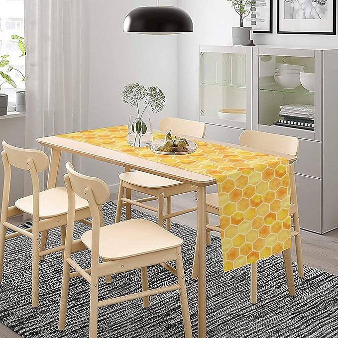 Honeycomb Bee Table Runner, Cute Abstract Geometric Yellow Honeycombs Print Table Cover for Kitchen Dining Table Indoor Outdoor Party Decor, 13x90inch