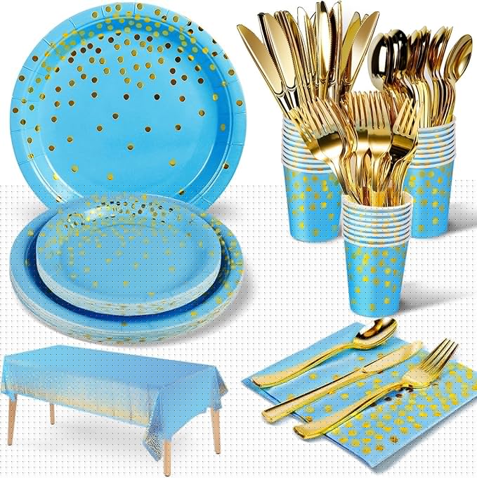 141 Pieces Sky Blue Gold Party Supplies, Party Dinnerware Sets Include Paper Plates Napkins Cups Silverware, for Wedding Bridal Shower Engagement Birthday Parties Decoration -20 Serves