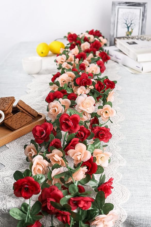 Miracliy 5 Pack 47 FT Fake Rose Vine Flowers Plants Artificial Flower Hanging Rose Ivy Home Hotel Office Wedding Party Garden Craft Art Déco