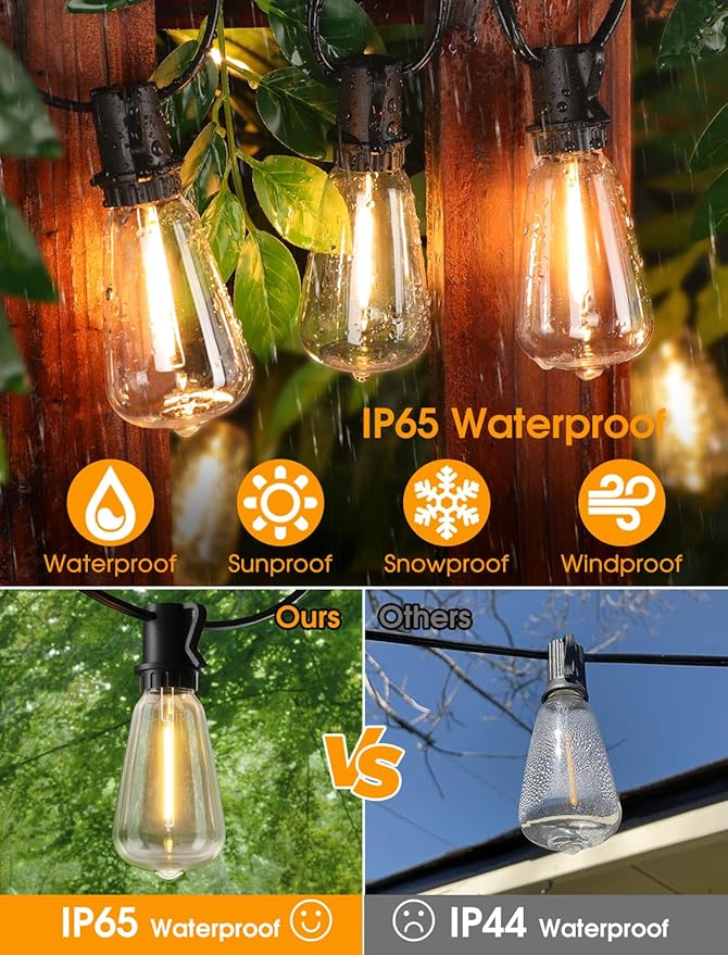 LED String Lights for Patio, 2 x 25FT Black Shatterproof IP65 Strands