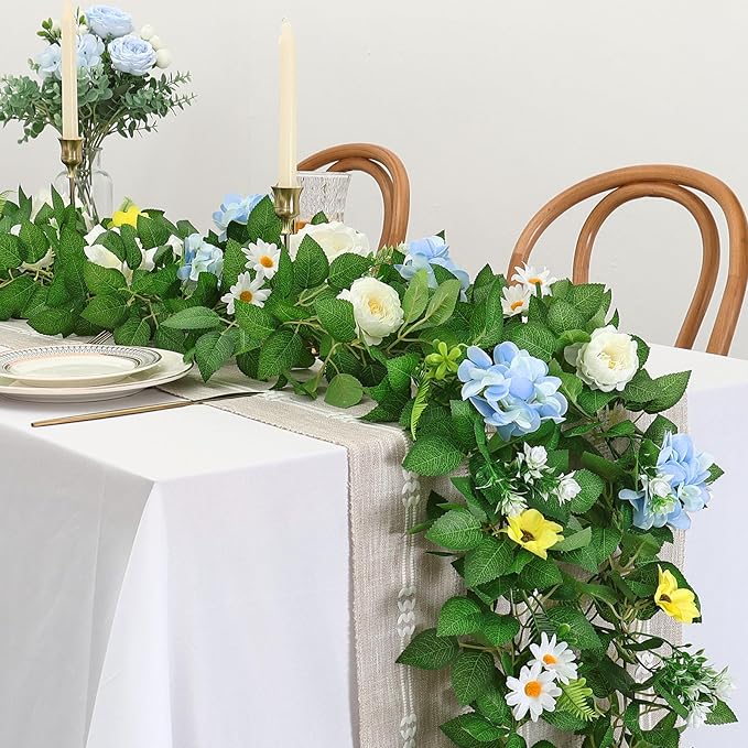 Dremisland 2PCS Artificial Rose Vine Fake Flower Garland 6FT Faux Silk Rose Hanging Vine Floral Garland Daisies Hydrangeas Ivy Vines for Wedding Party Wall Arch Garden Background Decor