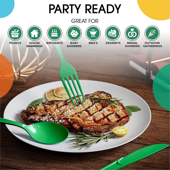 Disposable Plastic Cutlery Set, 300 Pieces, Emerald Green, 7.5 Inch