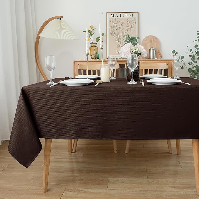 Biscaynebay Textured Fabric Tablecloths 60x84 Inches Rectangular, Brown Water Resistant Tablecloths for Dining, Kitchen, Wedding and Parties etc. Machine Washable