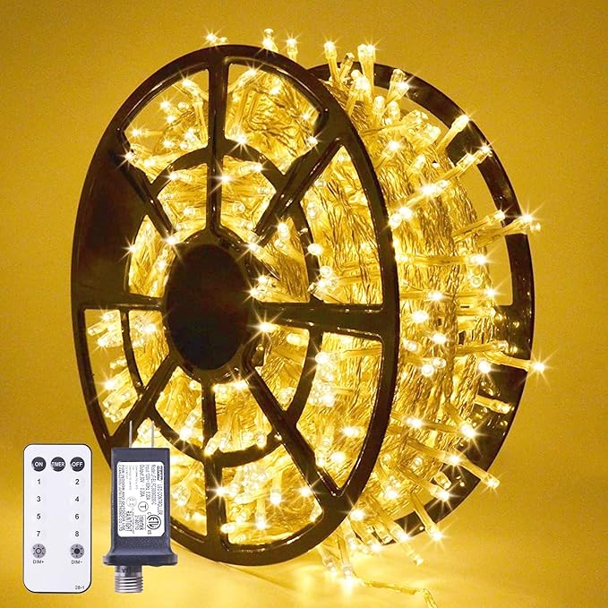 String Lights, 168 ft Warm White LED Outdoor Lights with Remote and Timer