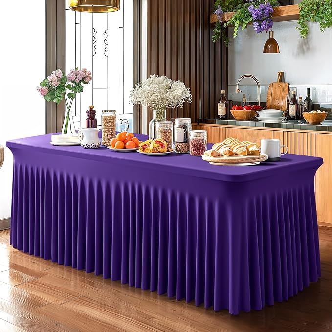 Wish Care 2 Pack Dark Purple Spandex Table Clothes for 8 Foot Rectangle Tables, 8FT Wrinkle Free Fitted Tablecloths Ruffles Design Table Cover for Party, Banquet, Wedding and Events