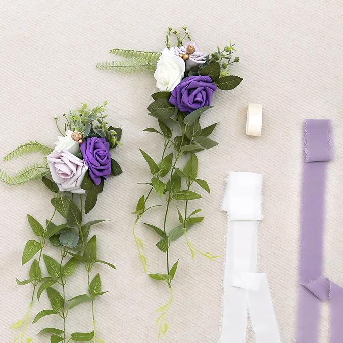 Artificial Flowers: Purple Rose Pew Flowers for Chairs, Set of 10