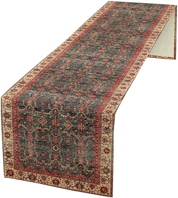 Vintage Boho Floral Table Runner, Rustic Country Farmhouse Red Teal Retro Flower Pattern for Home Kitchen Table Decor Dining Coffee Room Party Decor 13x60in
