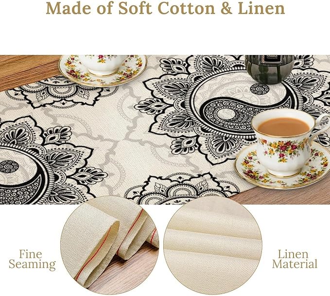 Yin Yang Table Runner, Bohemian Mandala Vintage Black White Traditional Oriental Floral Print Table Runner for Home Kitchen Dining Table Wedding Party Decor, 13x36inch