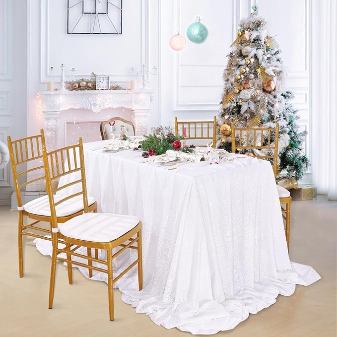 QueenDream Sequin Tablecloth 90 x132 Inch White Rectangle Tablecloth Glitter Table Cloth Overlay Wedding Birthday Christmas Decorations