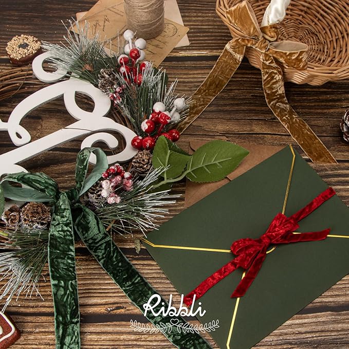 Ribbli Khaki Velvet Ribbon 3/8 Inches Luxury Crinkled Brown Christmas Ribbon for Gift Wrapping Crafts Home Decor-Continuous 10 Yard