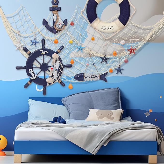 Marsui 11 Pcs Wooden Nautical Wall Decor Fishing Net Decoration, Include Decorative Fishing Net, Ship wheel, Fish Skeleton, Life Ring, Anchor, Starfish Beach Decor for Mediterranean Party (Khaki)