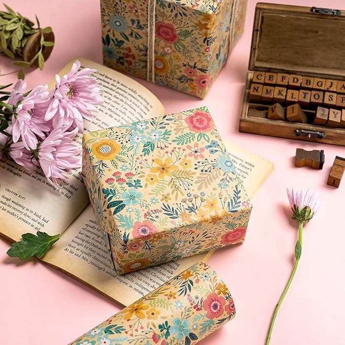 WRAPAHOLIC Kraft Floral Wrapping Paper Roll - Mini Roll - 17 Inch x 9.8 Feet - Spring Summer Garden Flower Design Perfect for Wedding, Bridal Shower, Birthday
