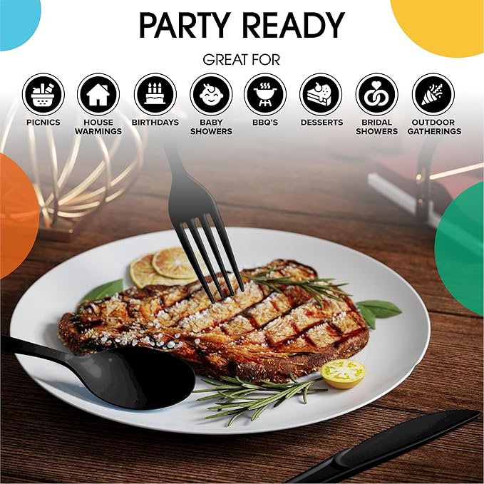 Disposable Plastic Cutlery Set, 300 Pieces, Black Heavy Duty