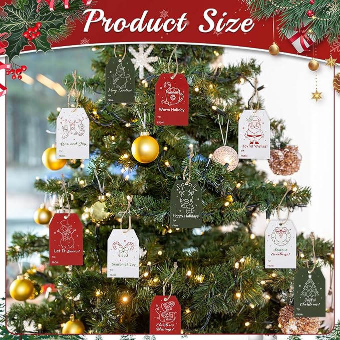 100PCS Christmas Gift Tags 10 Styles Merry Christmas Gift Tags with String Modern Kraft Name Tag for Present Wrapping Xmas Holiday Festive Party Favors