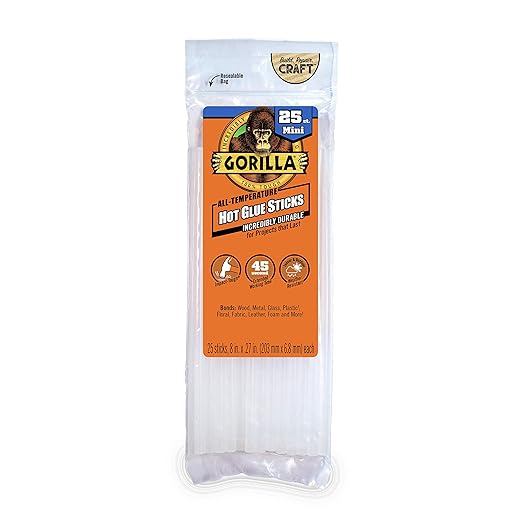 Gorilla Hot Glue Sticks, Clear Glue, Mini Size 8" Long x 0.27" Diameter, 25 Count (Pack of 1) - Safe for All Temperatures with Extended Working Time