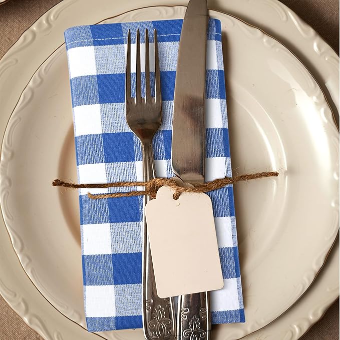 Cloth Dinner Napkins, Blue Checkered 100% Cotton, 20 x 20 Inch