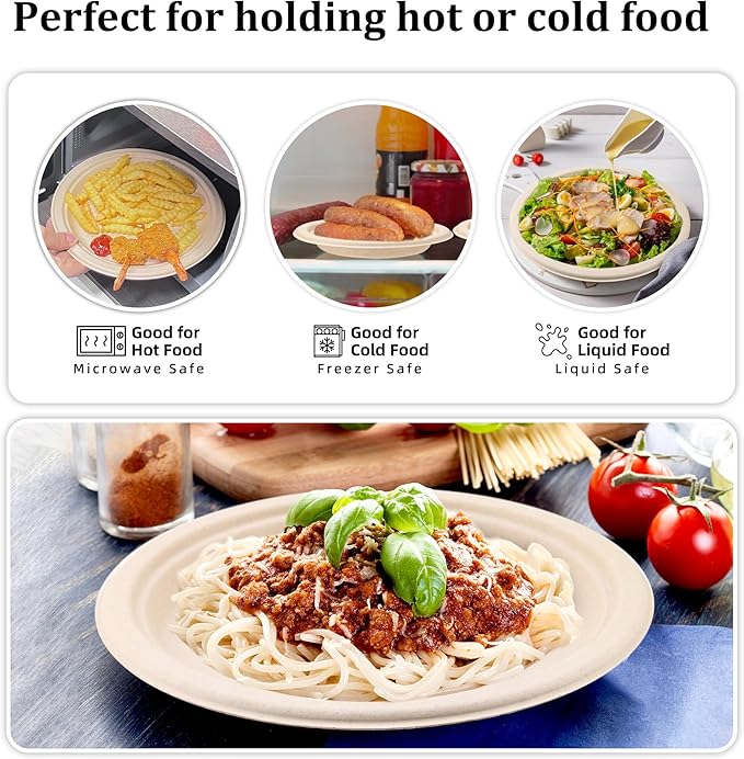 Disposable Plates Set for Parties, 250 Pieces, Compostable Sugarcane Fiber