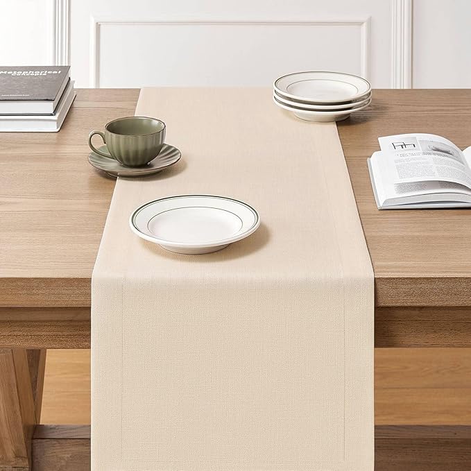 ZeeMart Linen Textured Border Table Runner, 14 x 48 Inch Cream, Farmhouse Style Cream Table Runners 48 Inches Long, Easy Care Everyday Polyester Table Runner