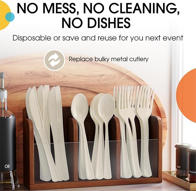 Plastic Cutlery Set 300 Pieces Ivory Forks Knives Spoons