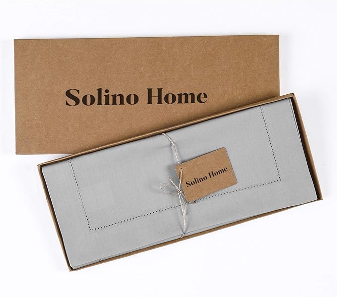 Solino Home Light Grey Table Runner 108 Inches Long - Cotton Linen Hemstitch 14 x 108 Inch Table Runner for Dining, Fall, Autumn, Thanksgiving, Holiday
