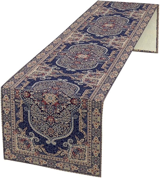 Boho Floral Vintage Table Runner, Blue Purple Retro Flower Rustic Country Farmhouse Pattern for Home Kitchen Table Decor Dining Coffee Room Party Decor 13x120in