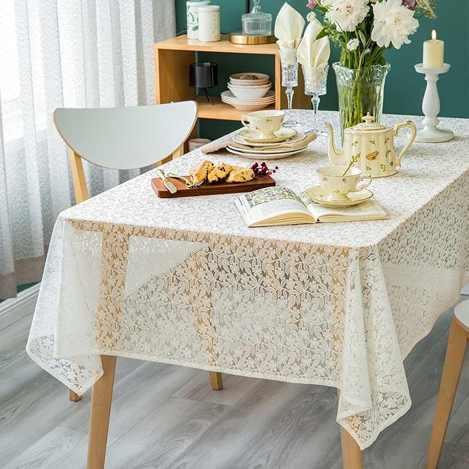 Lace Tablecloth Leaf Pattern Warp Knitting Fabric Solid White Rectangle/Oblong Table Cover for Kitchen Dining Farmhouse Wedding Party Decor Ivory, 52x70 Inch