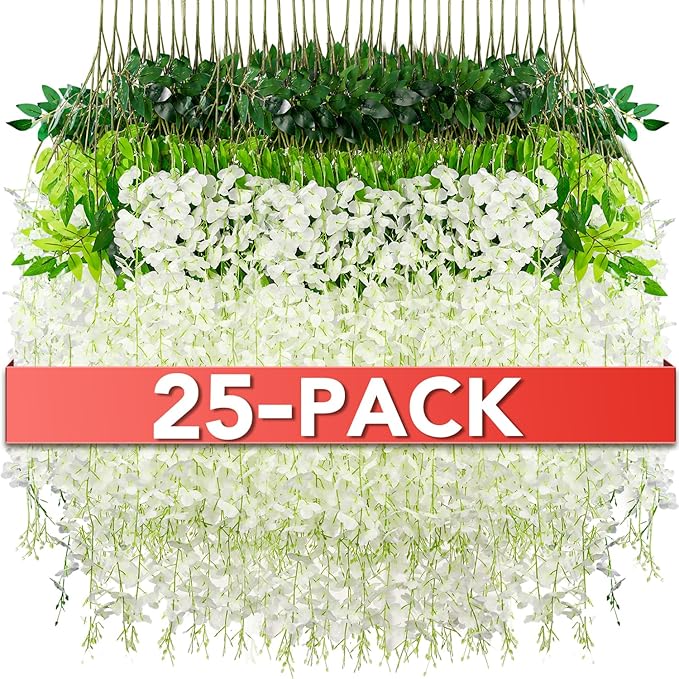 Wisteria Hanging Flowers,Fake Hanging Flowers,Wisteria artificiales Garland for Home Wedding Arch Floral Party Garden Ceremony Outdoor Decor,3.6 feet Long(25,White)
