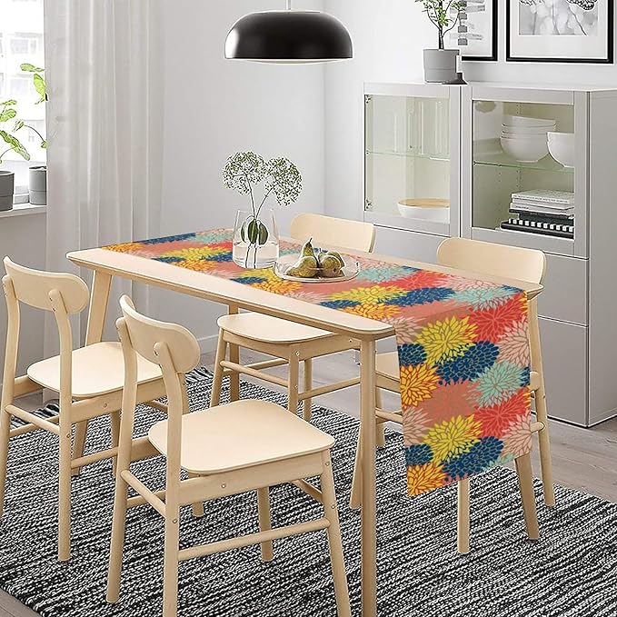 Dahlia Flowers Table Runner Colorful Floral Teal Grey Pink Yellow Blue Abstract Table Runner Kitchen Dining Party Decor Living Room, 13x70 Inch