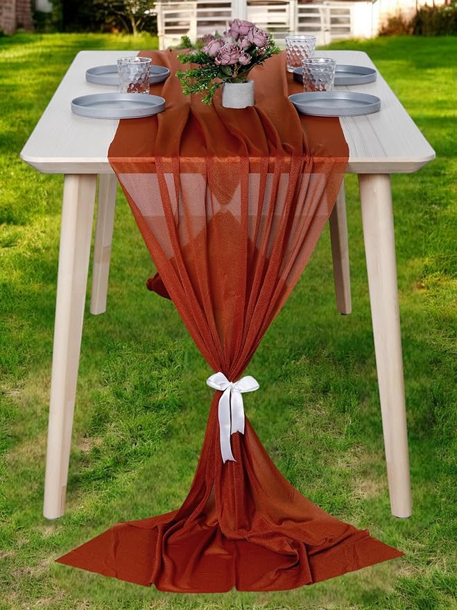 MDS 20 Pack 10ft Chiffon Table Runner 29 x 120 Inches Sheer Wedding Runner Romantic Rustic Table Runner for Wedding Decorations, Birthday Parties, Bridal Shower Party Arch Decor - Terracotta