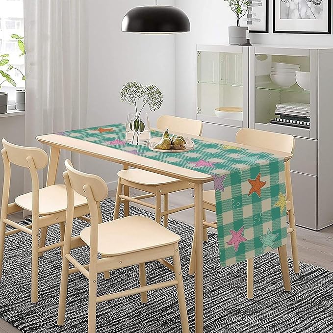 Starfish Plaid Table Flag Green Plaid and Marine Life Starfish Kitchen Table Flag Suitable for Birthday Party Restaurant Decoration Outdoor Picnic 13x36 Inch