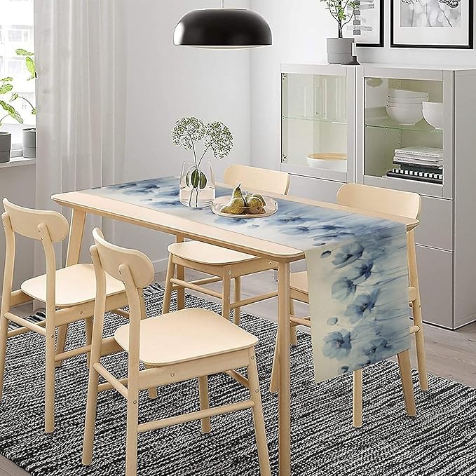 Abstract Floral Table Runner, Blue Poppy Flower Modern Art Print Kitchen Dinning Table Runner for Indoor Outdoor Home Wedding Party Holiday, 13x36 Inch