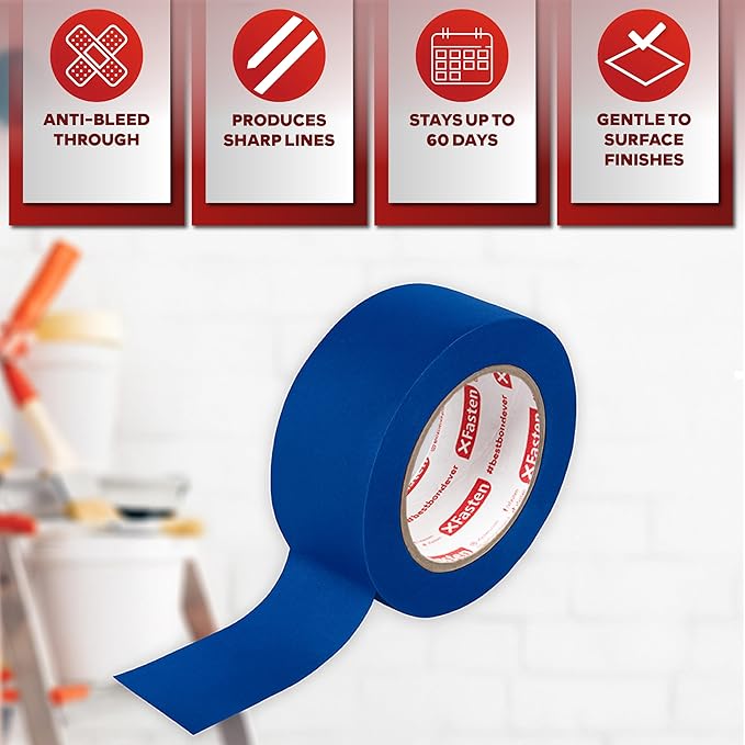 XFasten Blue Painters Tape Bulk 3-Inch x 60-Yards (12-Pack, 2160ft Total) Wall Safe Painters Tape 3 Inch Wide, Blue Masking Tape Bulk, Paint Tape for Walls, Painting, Automotive